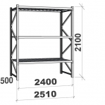 Metallihylly perusosa 2100x2400x500 300kg/hyllytaso,3 tasoa lastulevytasoilla