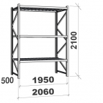 Varastohylly perusosa 2100x1950x500 440kg/hyllytaso,3 tasoa peltitasoilla MAXI