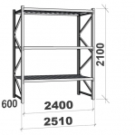 Varastohylly perusosa 2100x2400x600 300kg/hyllytaso,3 tasoa peltitasoilla