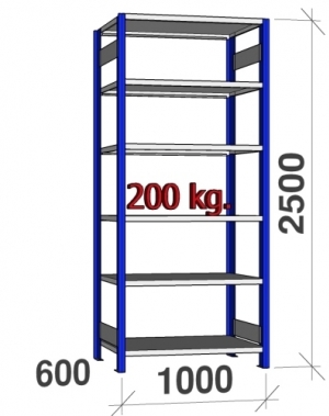 Starter bay 2500x1000x600 200kg/shelf,6 shelves, blue/light gray