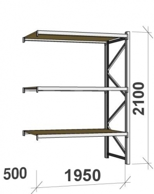 Metallihylly jatko-osa 2100x1950x500 440kg/taso,3 tasoa lastulevytasoilla MAXI