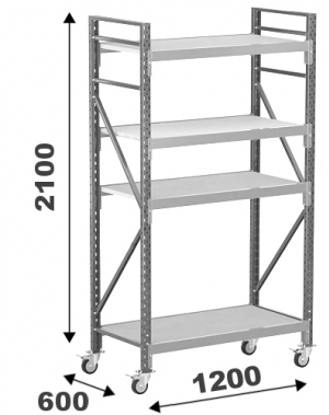 Varastohylly pyörillä 2100x1200x600, 4 orsitasoa peltitasoilla MAXI
