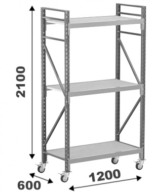Wide Span Shelving with wheels 2100x1200x600, 3 levels with chipboard MAXI