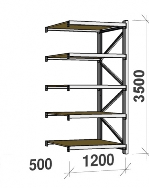 Metallihylly jatko-osa 3500x1200x500 600kg/taso,5 tasoa lastulevytasoilla MAXI