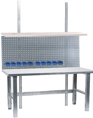 Workbench 1500x800, metal top 2,0 mm with shelf, perfo panel 1500x600, 10 bins