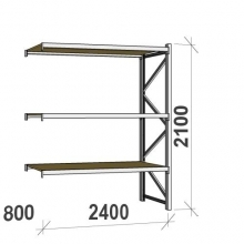 Metallihylly jatko-osa 2100x2400x800 300kg/hyllytaso,3 tasoa lastulevytasoilla