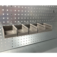 Laatikkokisko reikälevyyn 555 mm + 5 ottolaatikkoa 170x105x75 harmaa