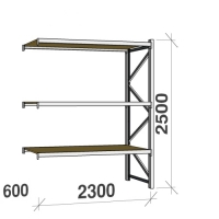 Metallihylly jatko-osa 2500x2300x600 350kg/hyllytaso,3 tasoa lastulevytasoilla