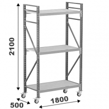 Varastohylly pyörillä 2100x1800x500, 3 orsitasoa lastulevyllä 22 mm MAXI