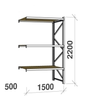 Metallihylly jatko-osa 2200x1500x500 600kg/hyllytaso,3 tasoa lastulevytasoilla