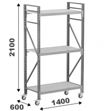 Varastohylly pyörillä 2100x1400x600, 3 orsitasoa lastulevyllä 22 mm MAXI