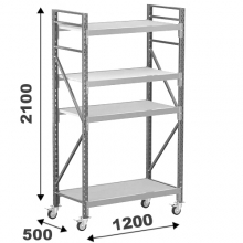 Varastohylly pyörillä 2100x1200x500, 4 orsitasoa peltitasoilla MAXI